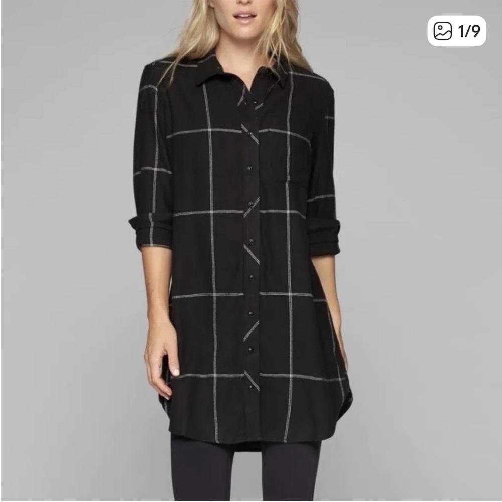 Athleta Black and White Windowpane Button-Front Tunic Dress